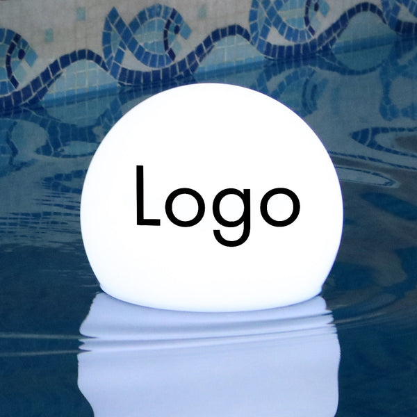 Drijvende zwembadverlichting met logo, verlichte zwembadvlotter voor bedrijfsevenement, ronde LED-lichtbak, bewegwijzering voor zakelijke evenement