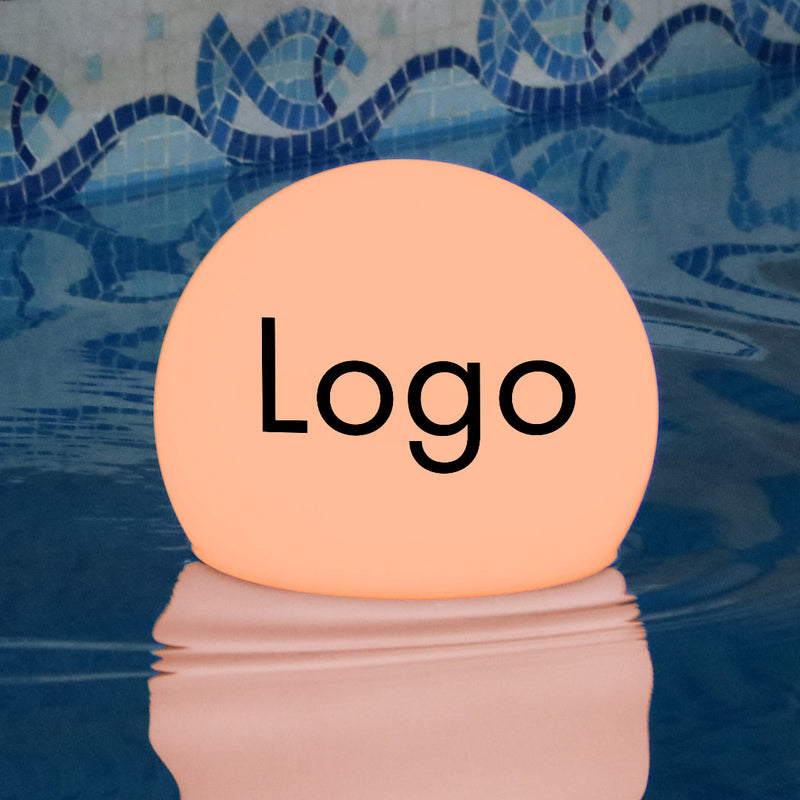 Drijvende zwembadverlichting met logo, verlichte zwembadvlotter voor bedrijfsevenement, ronde LED-lichtbak, bewegwijzering voor zakelijke evenement